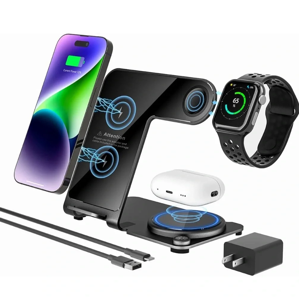 3 in 1 Wireless Charging Station for Multiple Devices, Aluminum Alloy -Black